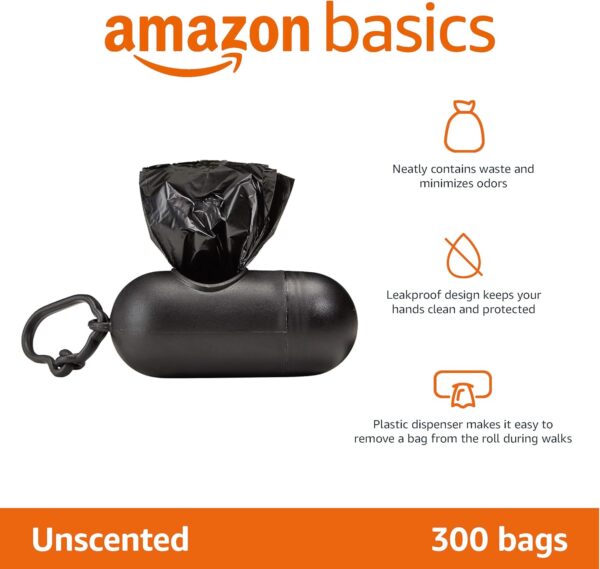 Amazon Basics Dog Poop Bags With Dispenser and Leash Clip, Unscented, 300 Count (15 Packs of 20), Black, 13 Inch x 9 Inch - Image 2