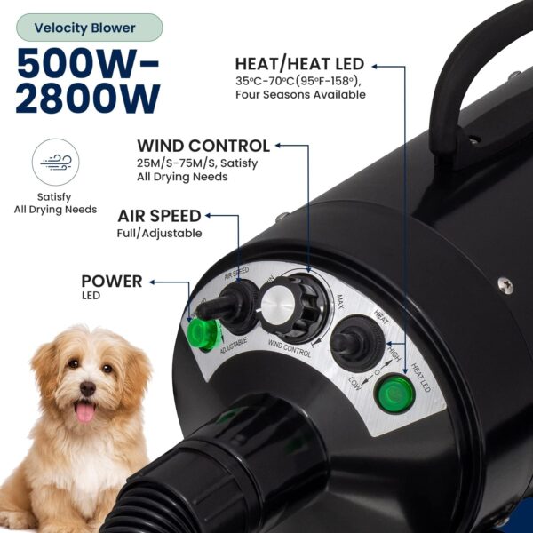 My Pet Command 220V Professional Dog Hair Dryer Blaster Pet Grooming High Velocity Air Blower blaster 500W-2800W 4HP Hot and Cold Adjustable stepless Airflow Drying Deshedding extra Dog Grooming Brush - Image 3