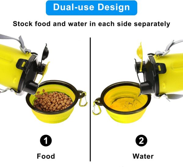 MATT SAGA Portable Pet Water Bottle and Food Container for Travel 2-in-1 Dual Chamber Bottle with 2 Collapsible Bowls Dogs Cats Feeder Water Food Bottle Outdoor Travel(Yellow) - Image 2