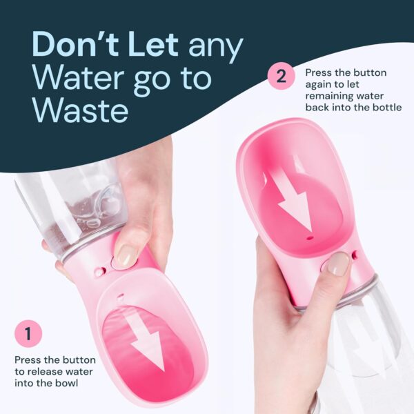 MalsiPree Portable Dog Water Bottle - Leak-Proof Bottles with Dog Bowls - Puppy Accessories Dog Water Dispenser - Drinking Water for Walking, Hiking, Travelling - Food Grade Plastic - 350ml, Pink - Image 4