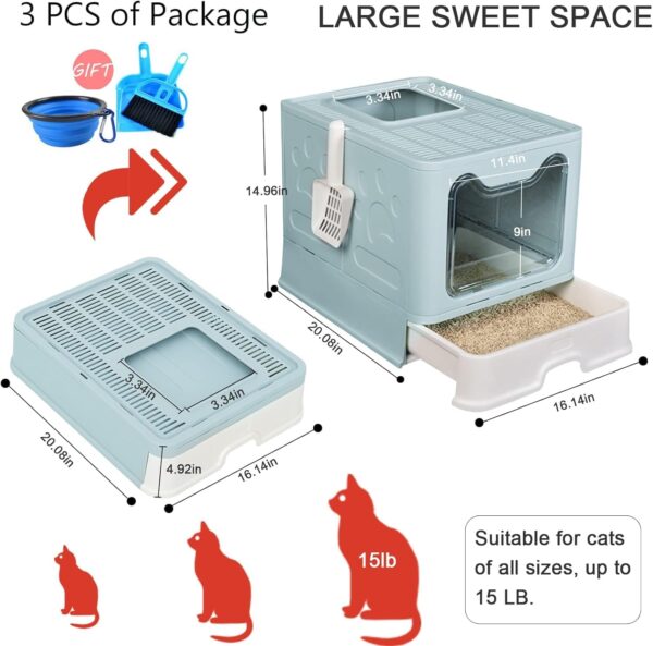 kathson Large Foldable Cat Litter Box with Drawer Enclosed Cat Potty Tray with Lid Top Entry Toilet Anti-Splashing Cat Supplies with Plastic Scoop Easy Clean No Smell Kitty Toilet (Blue) - Image 2