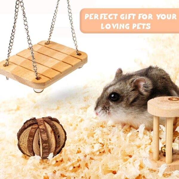 Labeol Hamster Chew Toys Small Animal Boredom Breakers Cage Accessories Pet 11 Pcs Natural Wooden Toys Hamster Ball Swing for Rat Guinea Pig Chinchilla Gerbils Rabbit Parrot Syrian - Image 6