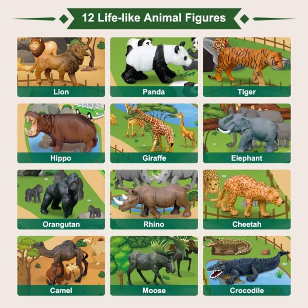 Mini Tudou 12 Pcs Safari Animals Figures Toys w/ 145x98CM Large Activity Play Mat, Realistic Jumbo Jungle Wild Zoo Animals Figurines Playset w/ Elephant, Giraffe, Lion for Kids Toddlers Boys & Girls - Image 2