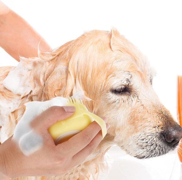 Dog Cat Bath Brush Soft Silicone Dog Rubber Bathing Brush Pet Grooming Shampoo Dispenser Brushes Puppy Cats Shower Hair Fur Grooming Cleaning Scrubber for Short Haired Dogs Cats Shower - Yellow - Image 6