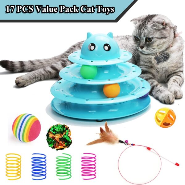 17 Pack Cat Toys Interactive for Indoor Cats Kitten Toy Fun Roller 3 Level Cat Teaser Ball Toys with Cat Feather Wand - Image 2