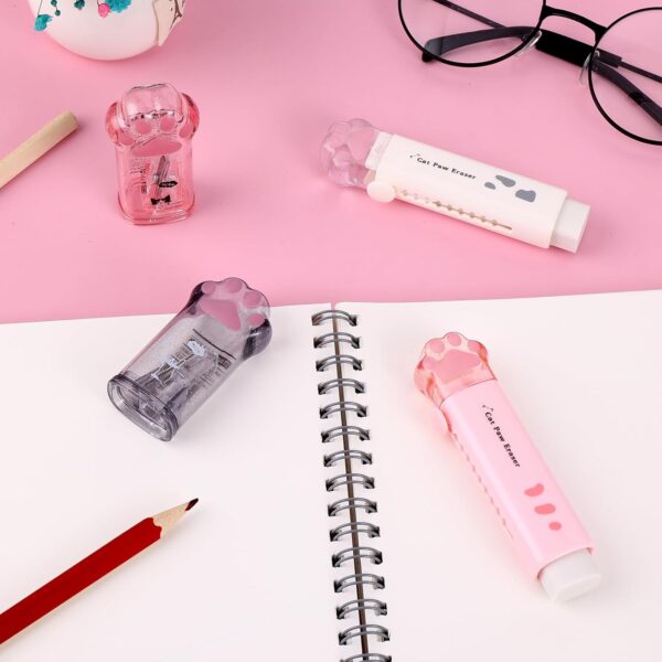 Amaxiu 4PCS Cute Cat Paw Kawaii School Supplies, 2PCS Cute Cat Paw Erasers and 2PCS Cat Paw Pencil Sharpener Retractable Cartoon Eraser Kawaii Manual Pencil Sharpeners for Office Home School - Image 6