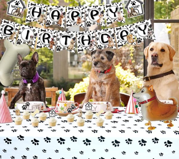 Dog Theme Party Decorations - HAPPY BIRTHDAY Dog Banner, LET'S PAWTY Bunting, Paw Tablecloth, Cake Toppers, 4 Walking Dog Balloons, 14 Paw and Bone Balloons Set for Doggy Puppy Kids Birthday Party (B) - Image 4