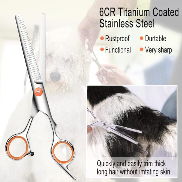 Dog Grooming Scissors Set, 3 Pieces Stainless Steel Pet Grooming Scissors with Safety Round Tip, Grooming Shears Set with 7.3'' Thinning Shear, Curved Scissors, Grooming Comb - Image 5