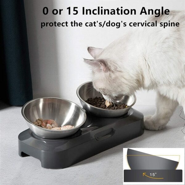 PewinGo Raised Cat Bowl with Stainless Steel, Easy to Clean & Non-Slip Silicone Mat Cat Feeder with 0 &15° Tilting Neck Protective Bowl for Pets, Cats and Puppies Food and Water Feeding - Image 4