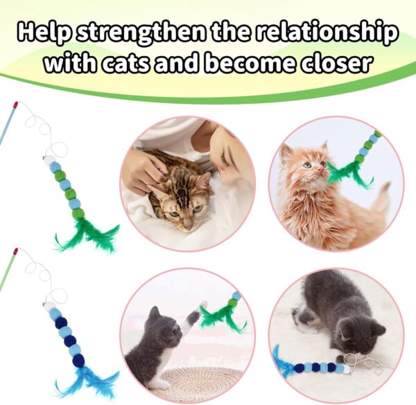 2Pcs Cat Feather Toys,Cat Wand Toys with Bell and Plush Balls,Colourful Interactive Kitten Teaser Pet Toy Wire Chaser Wand Teaser Feather for Cat Indoor Playing Exercising Interactive Training - Image 4