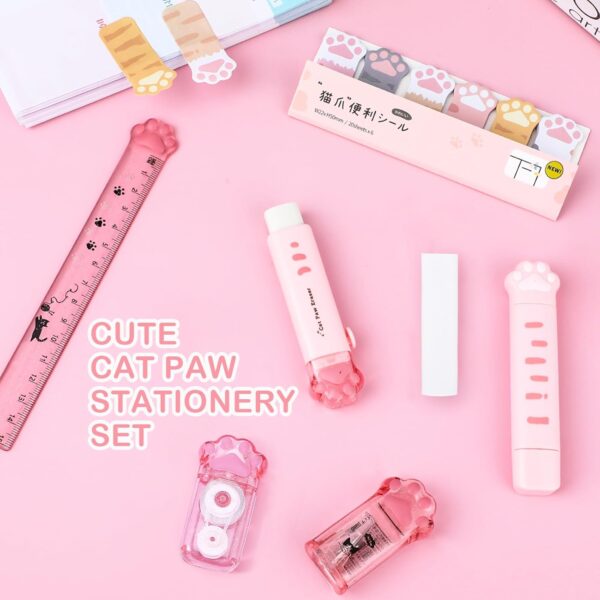 TIESOME Cute Cat Paw Stationery Set, 7 Pcs Kawaii Cartoon School Supplies Includes Sharpener Retractable Eraser Correction Tape Sticky Notes Ruler Eraser Replacement Core for Cat Lovers Students - Image 6