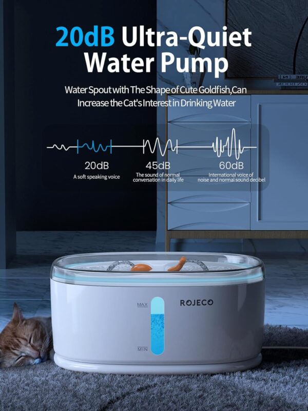 ROJECO Cat Water Fountain for Drinking, Magnetic Base Power Supply Cat Fountain with LED Water Level Window, Fish Appearance Design Spout & 4-layer Filtration System Cat Drinking Fountain - Image 7