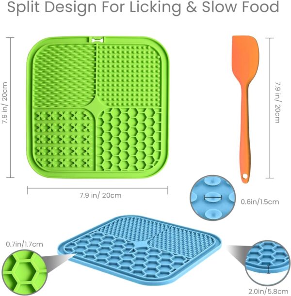 Q Lines® Licky Mats for Dogs - 2 Pack Slow Feeder with Strong Suction Cups - Soothes Anxiety, Promotes Dental Health - Includes Spatula & Brush - Perfect for Bathing, Grooming, Training (Blue, Green) - Image 2