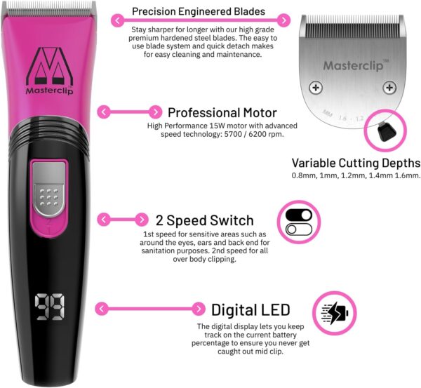 Masterclip Dog Clippers (Pink), Ultra Quiet; Professional Grooming Kit with Lightweight Cordless Trimmer. Rechargeable Showmate II Clipper Suitable for Dogs, Cats and Other Pet Hair (Pink) - Image 3