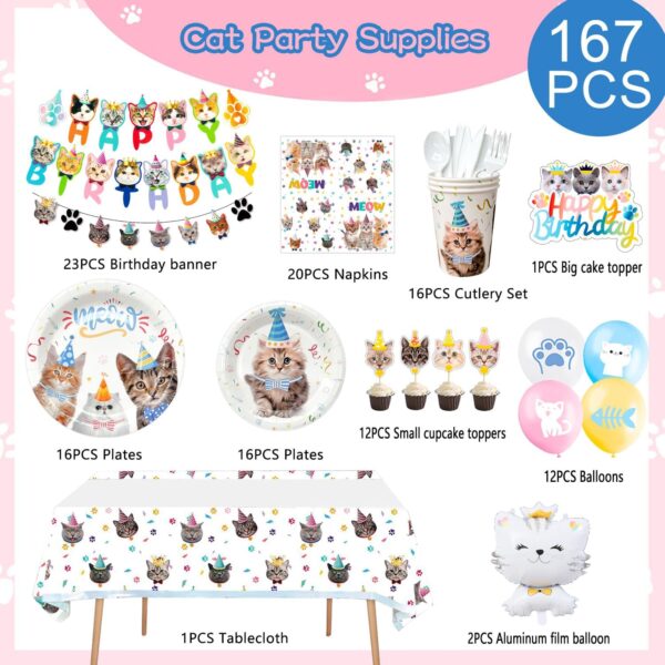 Fruitful Party Cat Supplies, 167pcs Birthday Decorations&Tableware Set-Cat Balloons, Plates Cups and Napkins Table Cloth&Cat Cake Toppers Banner Kitten Party Supplies, 7''&9'' (2023052509) - Image 5