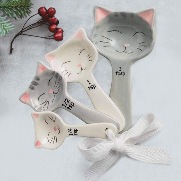 Cat Shaped Ceramic Measuring Spoons with White Ribbon - Cat Lover Gifts for Women - Cat Kitchen Accessories & Baking Measuring Tools - Durable & Cute Baking Supplies for Cat Lovers (Set of 5) - Image 8