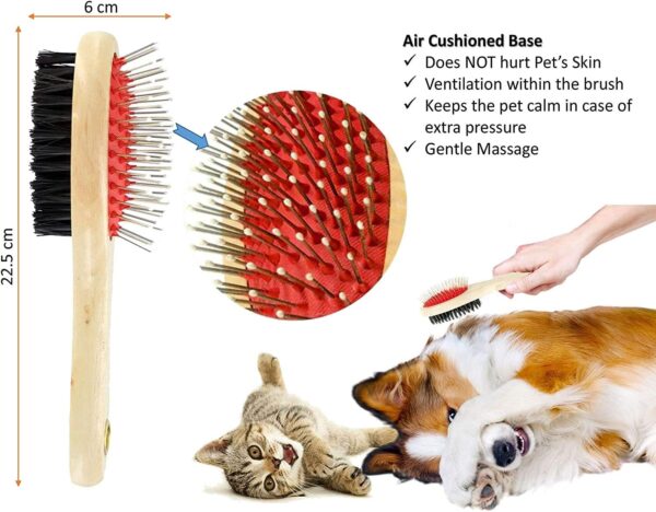 Wooden Dog Brush Double Sided Pet Hair Grooming Brush Dog Pin Brush and Bristle Soft Brush, Dogs Comb and Brush Grooming Tools for Cleaning for Dogs & Cats with Long or Short Hair Red - Image 3