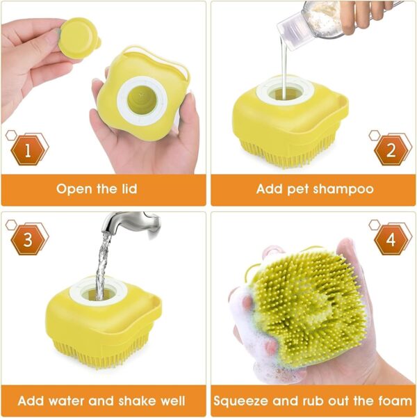 Dog Cat Bath Brush Soft Silicone Dog Rubber Bathing Brush Pet Grooming Shampoo Dispenser Brushes Puppy Cats Shower Hair Fur Grooming Cleaning Scrubber for Short Haired Dogs Cats Shower - Yellow - Image 3