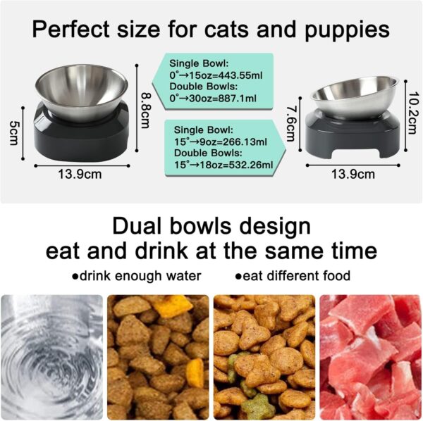 PewinGo Raised Cat Bowl with Stainless Steel, Easy to Clean & Non-Slip Silicone Mat Cat Feeder with 0 &15° Tilting Neck Protective Bowl for Pets, Cats and Puppies Food and Water Feeding - Image 2