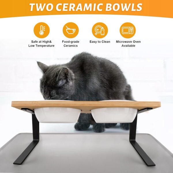 Vmglgig 2PCS Cat Bowl, Ceramic Cat Food Bowls With 15° Tilted Wood Stand,Raised Cat Bowls for Food and Water, Bamboo Cat Feeding Station with Cat Food Mat for Cats and Puppy - Image 5