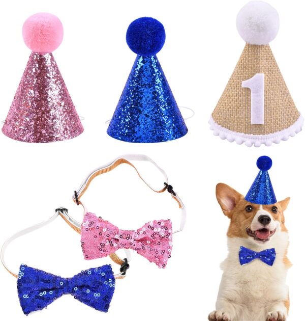 Anwangda 5PCS Pet Birthday Hat Kit, Pet Birthday Hat and Bow, Sparkling Sequin Birthday Hats, Dog Cat Birthday Party Decoration Headwear, Pets Birthday Party Supplies for Cat and Dog - Image 8