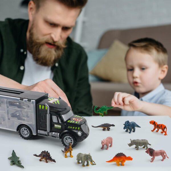 Akokie Dinosaur Toys for Boys Girls - Kids Toys Transport Carrier Truck with Dinosaur Toys Animals Toys 12 Pcs Double Side Storage Set Birthday Easter Gifts for Kids Boys Girls 3 4 5 Years Old - Image 5