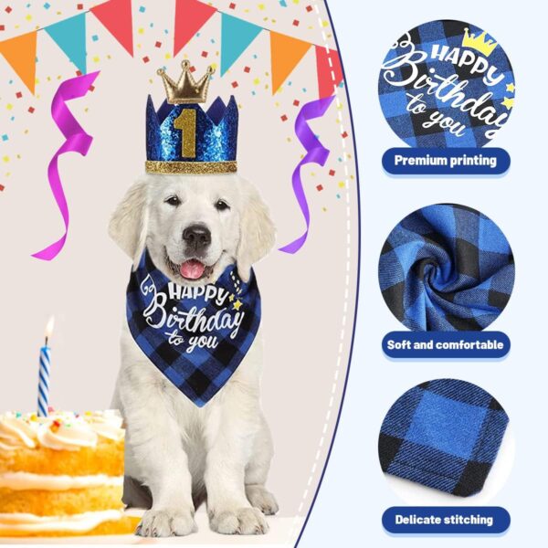 Crown Dog Birthday Hat,4PCS Cute Dog Birthday Hat and Bandana with Dog Bow Tie and Gold Numbers Reusable Dog Birthday Party Supplies for Pet Puppy Cats Small Medium Dogs (New Blue) - Image 3