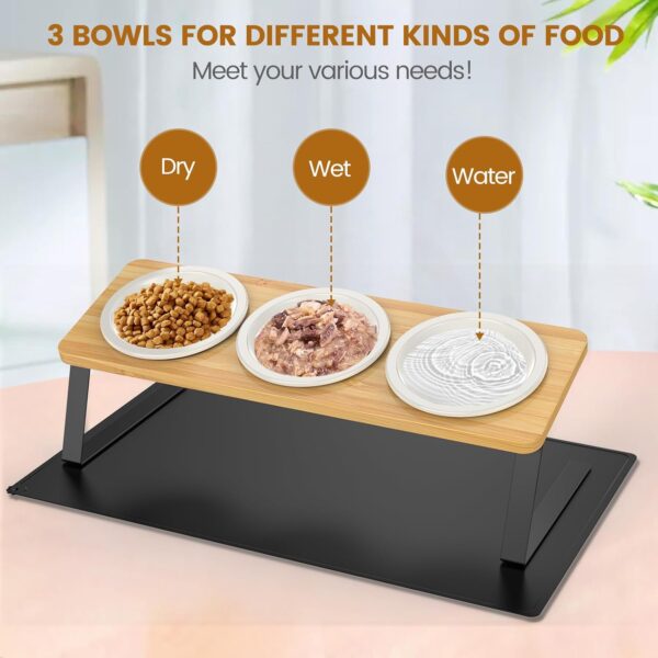 Otoomenz 3PCS Cat Bowl, Ceramic Cat Food Bowls With 15° Tilted Wood Stand,Raised Cat Bowls for Food and Water, Bamboo Cat Feeding Station with Cat Food Mat for Cats and Puppy - Image 3