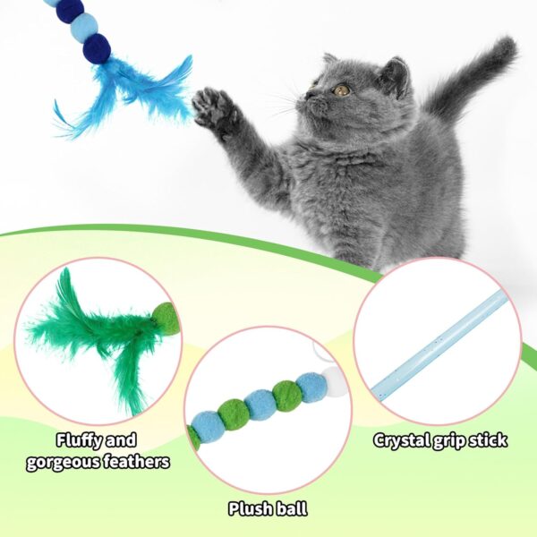 2Pcs Cat Feather Toys,Cat Wand Toys with Bell and Plush Balls,Colourful Interactive Kitten Teaser Pet Toy Wire Chaser Wand Teaser Feather for Cat Indoor Playing Exercising Interactive Training - Image 5