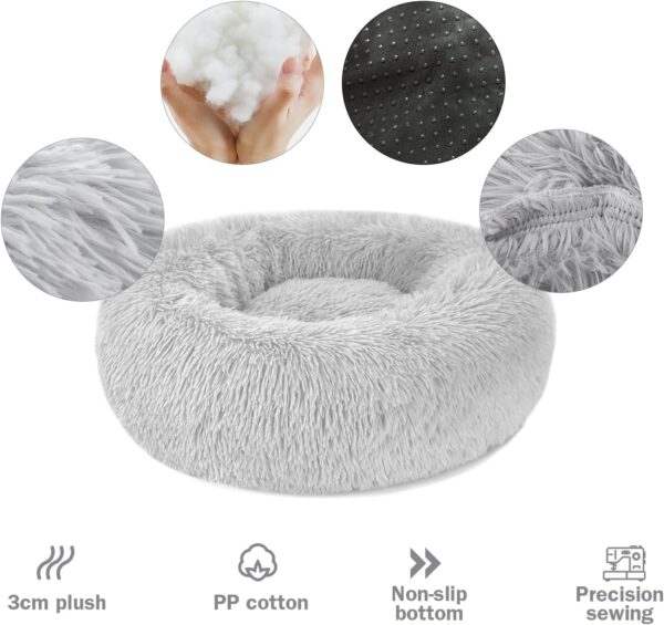 Calming Dog Cat Donut Bed - 19.7in Fluffy Plush Puppy Kitten Cuddler Round Bed, Warm and Soft Pet Cosy Anti Anxiety Beds with Non-Slip Bottom and Washable (M-50CM, Grey) - Image 2