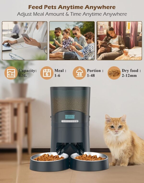 HoneyGuaridan 6.5L Automatic Cat Feeder, 2.4G Wi-Fi Smart Pet Feeder with APP Control, Desiccant Bag, Voice Recorder and Dual Power Supply, Up to 6 Meals Per Day for Cats & Small/Medium Dogs (Blue) - Image 3