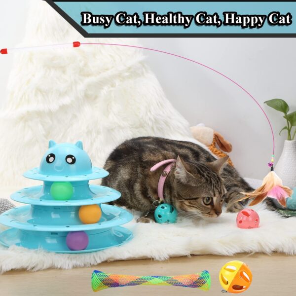 17 Pack Cat Toys Interactive for Indoor Cats Kitten Toy Fun Roller 3 Level Cat Teaser Ball Toys with Cat Feather Wand - Image 4