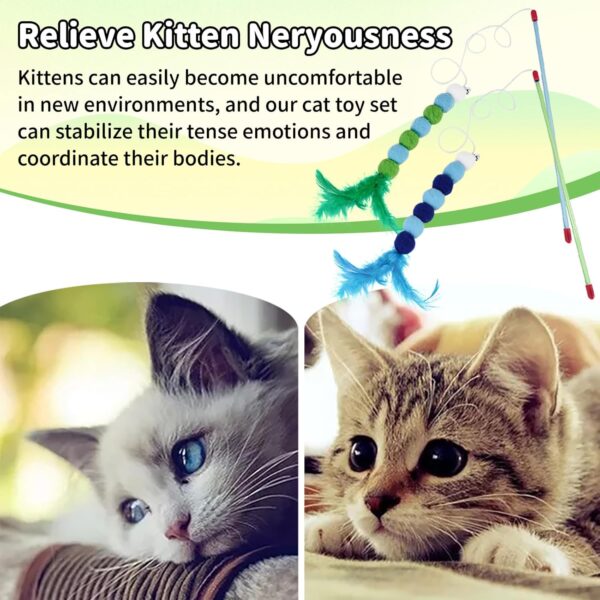 2Pcs Cat Feather Toys,Cat Wand Toys with Bell and Plush Balls,Colourful Interactive Kitten Teaser Pet Toy Wire Chaser Wand Teaser Feather for Cat Indoor Playing Exercising Interactive Training - Image 3