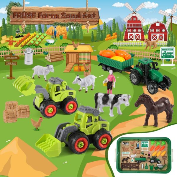 FRUSE Play Sand Farm Animal Toys,Sand Box Toys Set for Toddlers w/1 KG Magnetic Sensory Sand, Farm Toy Figures and Tractor Truck Playset,Sensory Sandbox with Cover for Boy Girl Kid Age 3 4 5 6 7 8 9 - Image 2