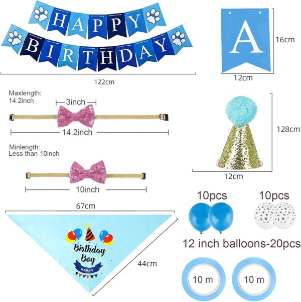 Dog Birthday Party Supplies,Dog Birthday Bandana Hat Set,Bandana, Happy Birthday Banner,Triangle Scarf,12 Inch Paw Print Balloon,Cute Bowtie for Pet Boy/Girl, Party Accessories (blue) - Image 2