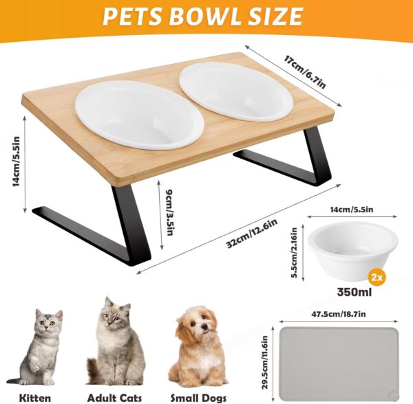 Vmglgig 2PCS Cat Bowl, Ceramic Cat Food Bowls With 15° Tilted Wood Stand,Raised Cat Bowls for Food and Water, Bamboo Cat Feeding Station with Cat Food Mat for Cats and Puppy - Image 2