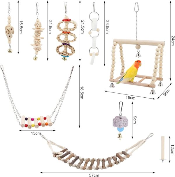 Seahelms 8Pcs Parrot Toys Birds Budgie Cage Toys Cockatiel Bird Chewing Natural Wood Hammock Hanging Bell Bird Cage Swing Toys for Cockatiel, Finches,Small Parakeets, Budgie and Macaws (log) - Image 2