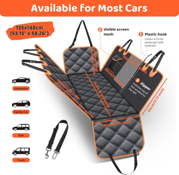 KYG Dog Car Seat Cover Dog Hammock For Car Back Seats With Side Protection And Mesh Visual Window, Durable Scratch Proof And Waterproof Pet Car Seat Cover For Cars/Trucks/Suv 135 X 148 Cm Black&Orange - Image 2