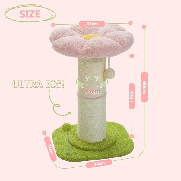 PAWZ Road Flower Cat Scratching Post, Small Cat Tree, Tall Cat Scratcher for Indoor Cats with Super Thick Scratching Post [Dia=14cm], Removable Flower Cat Bed, Cat Scratch Post with Spring Ball, Pink - Image 2