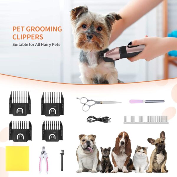 Dog Grooming Clippers Kit Ninonly Professional Pet Grooming Set Rechargeable, Cordless, Electric Pet Hair Clippers Set with 4 Combs and Cleaning Brush Nail Kits for Dogs, Cats and Other Pets Rose - Image 7