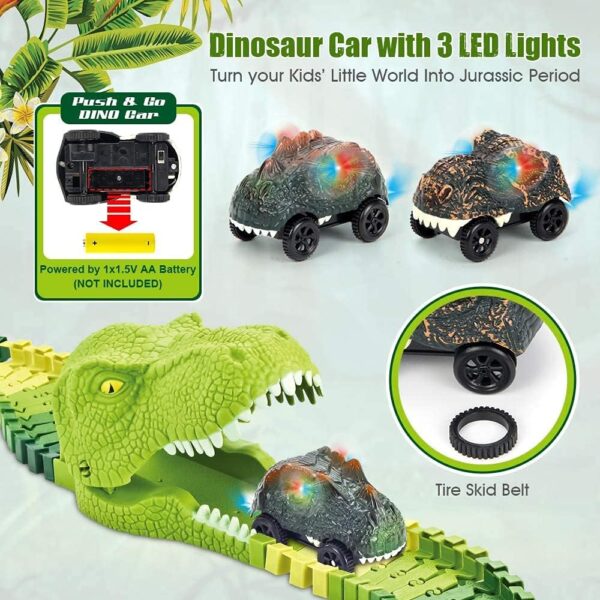 174 PCS Dinosaur Toys Race Track, Flexible Train Tracks with 8 Dinosaurs Figures, 2 Electric Race Cars Vehicle Playset with Lights to Create A Dinosaur World Road Race for Toddlers Kids Boys Girls - Image 2