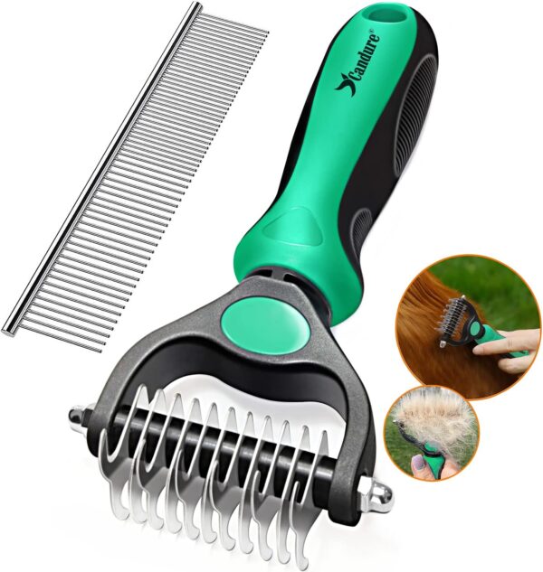 Candure Dematting Comb for Dog and Cat, Pet Grooming Rake and Brushes for Small & Medium Dogs 11+6 Double Sided Blade Deshedding Tool Removes Knots, Undercoat, Mats and Tangled Hair (Green) - Image 9