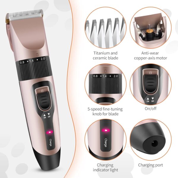 Dog Grooming Clippers Kit Ninonly Professional Pet Grooming Set Rechargeable, Cordless, Electric Pet Hair Clippers Set with 4 Combs and Cleaning Brush Nail Kits for Dogs, Cats and Other Pets Rose - Image 4