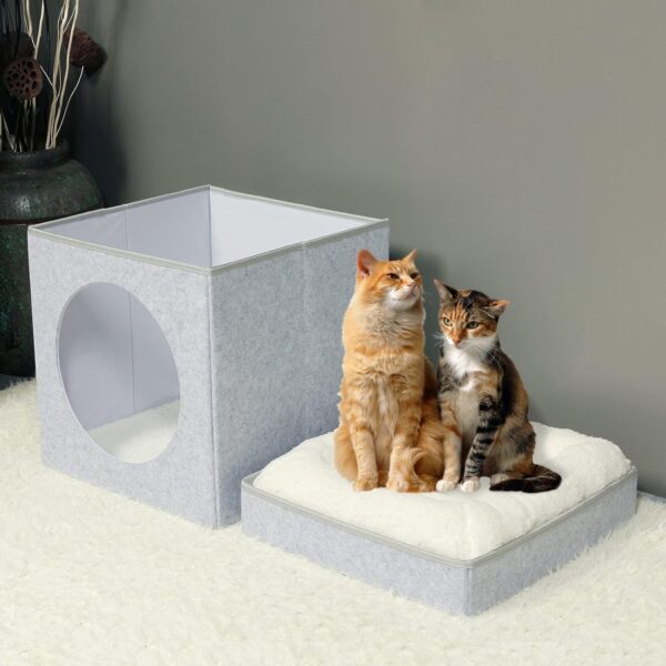 Bonlife Felt Cat House Indoor,Foldable Pets Bed Small Cave Kennel with Two Move Cushion,Winter Dog Bed Warm Comfortable,Light Grey,32X32X39CM - Image 5