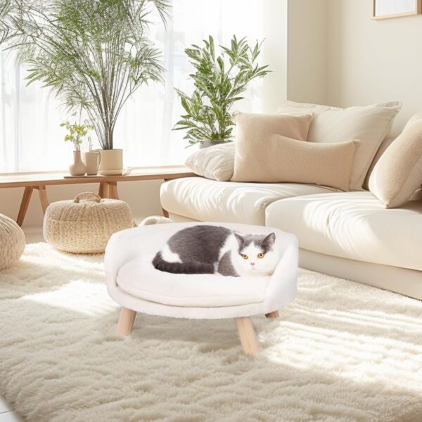 BingoPaw Cat Sofa Chair Bed: Elevated Nordic Pet Stool Bed with Removable Waterproof Mat - Raised Plush Fur Dog Kitten Couch with Wooden Legs Frame (Dia 40cm) - Image 3