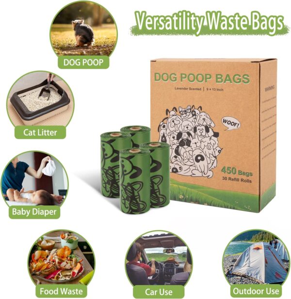 Dog Poo Bags - 450 Counts Biodegradable Thick Leak Proof Pet Poop Waste Bag Refill Rolls for 7 Month Supply, Lavender Scented - Image 5