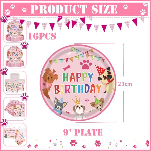 16p Paw Print Puppy Dog Birthday Paper Plates 9" Pink,Girl Dog Birthday Disposable Dinnerwarer Plates,Pet Dog Party Tableware Paper Plates for Girl Puppy Dogs Theme Birthday Party Decorations Supplies - Image 2