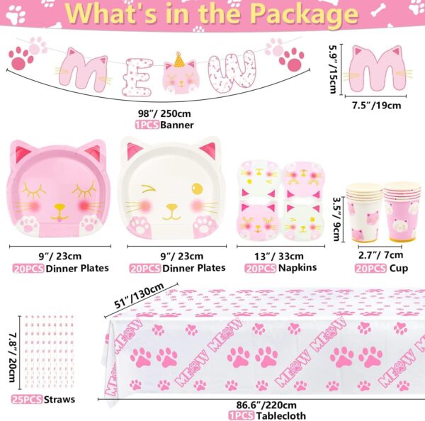 107 PCS Cat Birthday Party Supplies - Kitten MEOW Banner, Cat Paper Plates, Napkins, Cups and Tablecloth for Girl Pet Cat Party Decorations, Serve 20 Guests - Image 2