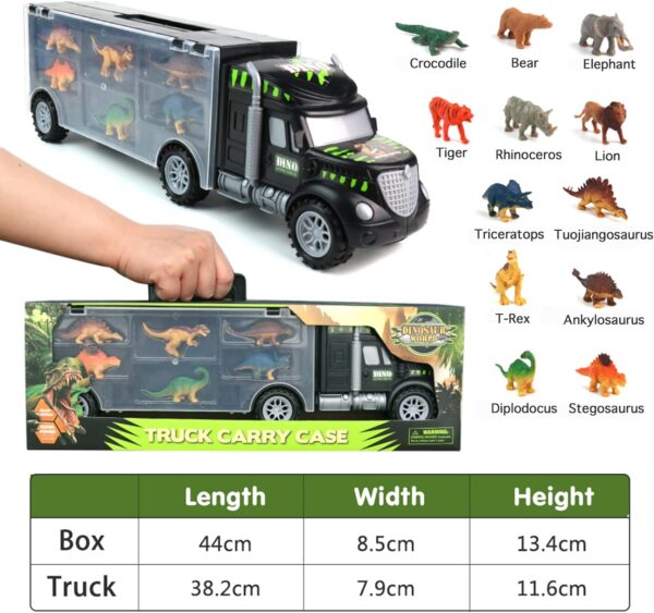 Akokie Dinosaur Toys for Boys Girls - Kids Toys Transport Carrier Truck with Dinosaur Toys Animals Toys 12 Pcs Double Side Storage Set Birthday Easter Gifts for Kids Boys Girls 3 4 5 Years Old - Image 3