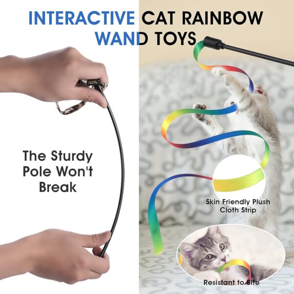 Cobee 3 Packs Cat Wand Toy Set, 30cm Cat Interactive Wand with 60cm Rainbow Ribbon String+ Rainbow Cloth String + Leopard Print Cloth String for Pet Kitten Training Exerciser Kitten (3 Pcs) - Image 2